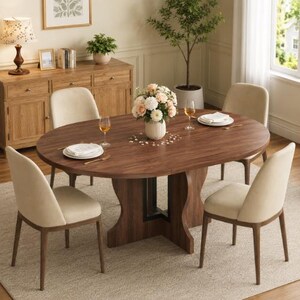 May include: An oval wooden dining table with a central pedestal base, surrounded by four upholstered chairs in a light beige fabric. The table is set with white plates, wine glasses, and a central vase filled with a bouquet of pink and white flowers.