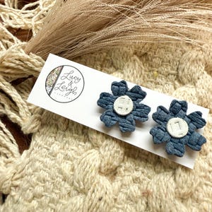 Leather flower stud earrings, denim blue floral earrings, handmade lightweight boho jewelry, boho floral studs, Winnie - Denim Knit