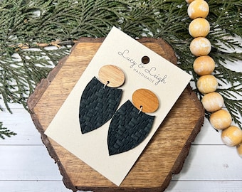 Orecchini a bottone in pelle fatti a mano, pendenti in pelle e legno, pendenti per orecchini in pelle, orecchini vistosi, Petal Missi - Steel Knit MTO