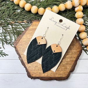 Handmade leather earrings, leather and wood dangles, boho earrings dangles, minimalist boho style earrings, Petal Bradi - Steel Knit MTO
