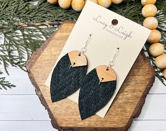 Pendientes de cuero hechos a mano, colgantes de cuero y madera, pendientes boho, pendientes minimalistas de estilo boho, Petal Bradi - Steel Knit MTO