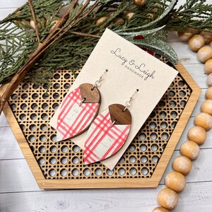 Handmade leather earrings, leather and wood earrings, Christmas earrings dangle, holiday jewelry gift, boho jewelr, Bradi - Peppermint Plaid