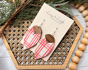 Handmade leather earrings, leather and wood earrings, Christmas earrings dangle, holiday jewelry gift, boho jewelr, Bradi - Peppermint Plaid