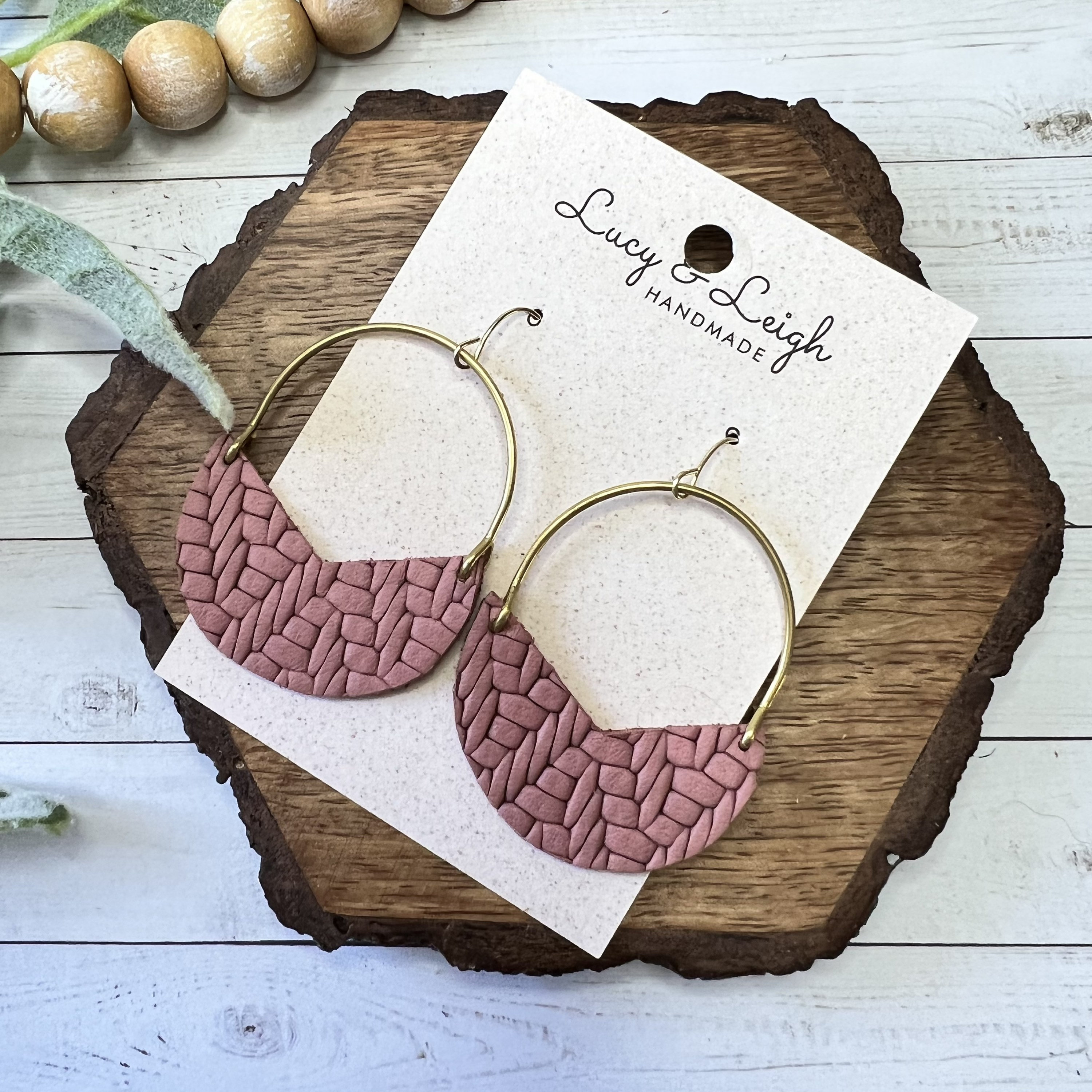 Leather earrings handmade, arch earring, leather earrings dangle, leather backed cork, boho earring, Leigh - Mauve Knit