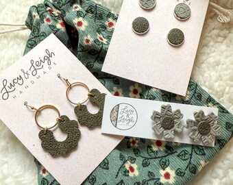 Earring set of 3, leather earring set, handmade floral leather earrings stud, green earring gift set, jewelry gift set women, earring gift