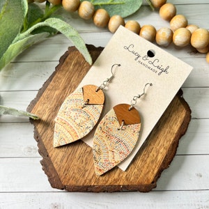 Handmade leather earrings, leather and wood dangles, boho earrings dangles, minimalist boho style earrings, Petal Bradi - Wildflower Rainbow