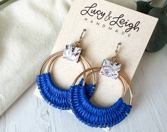 Cobalt leather earrings handmade, raffia earrings hoop dangle, boho chic jewelry, woven gold hoop earrings, 4th of July earring, USA earring