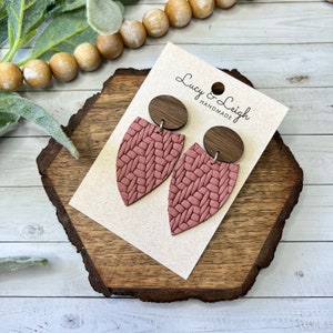 Handmade leather earrings, leather and wood dangles, fall earrings, leather earrings handmade, boho earrings, Petal Missi - Mauve Knit MTO