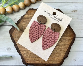 Pendientes de cuero hechos a mano, colgantes de cuero y madera, pendientes de otoño, pendientes de cuero hechos a mano, pendientes boho, Petal Missi - Mauve Knit MTO