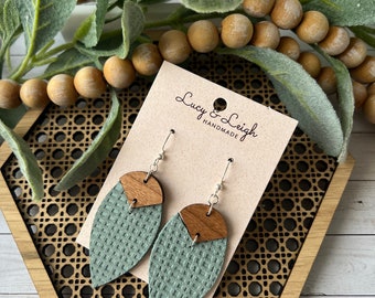 Handmade leather earrings, leather and wood dangles, boho earrings dangles, minimalist boho style earrings, Petal Bradi - Sea Salt