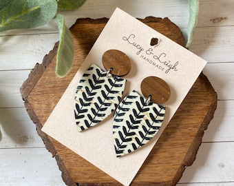 Handmade leather earrings studs, leather and wood dangles, cowhide backed cork dangles, statement earringS, Petal Missi - Broken Chevron MTO