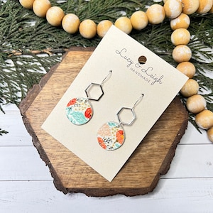 Handmade leather earrings, dangle and drop leather earrings for women, lightweight minimalist earrings, Silver Norma - Candy Apple Poppy