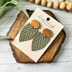 Handmade leather earrings, leather and wood dangles, fall earrings, leather earrings handmade, boho earrings, Petal Missi - Olive Knit MTO