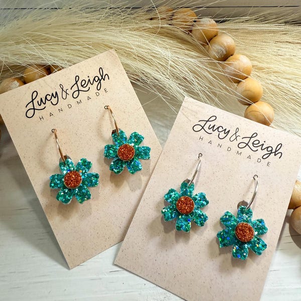 Showgirl accessories, glitter flower earrings dangle, teal glitter earring, glitter handmade lightweight boho jewelry, boho floral earring