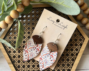 4th of July earrings, handmade leather earrings, leather and wood dangles, boho earrings dangles, Petal Bradi - Boho Americana