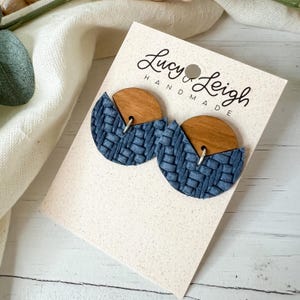 Blue leather earrings handmade, anniversary gift for wife, handmade leather earring stud, leather earring hypoallergenic, Lia - Denim Knit