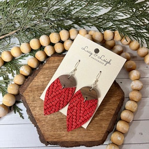 Handmade leather earrings, leather and wood dangles, boho earrings dangles, minimalist boho style earrings, Petal Bradi - Ruby Knit MTO