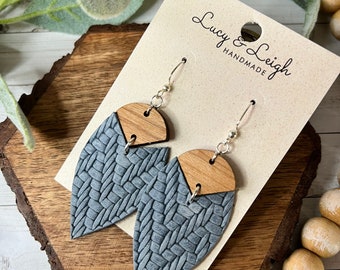 Handmade leather earrings, leather and wood dangles, boho earrings dangles, minimalist boho style earrings, Petal Bradi - Sky Knit