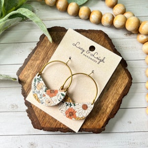 Leather earrings handmade, arch earring, leather earrings dangle, leather backed cork, boho earring,  Leigh - Boho Floral