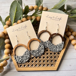 Leather earrings handmade, leather and wood earring, nickel free earrings, leather earrings dangle boho, Wooden Leigh - Dalmatian