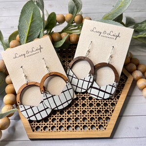Leather earrings handmade, leather and wood earring, nickel free earrings, leather earrings dangle boho, Wooden Leigh - Charleston Tweed