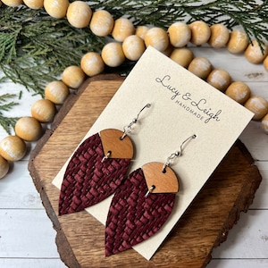 Handmade leather earrings, leather and wood earrings, boho earrings dangles, leather earring dangle, Petal Bradi - Cabernet Knit