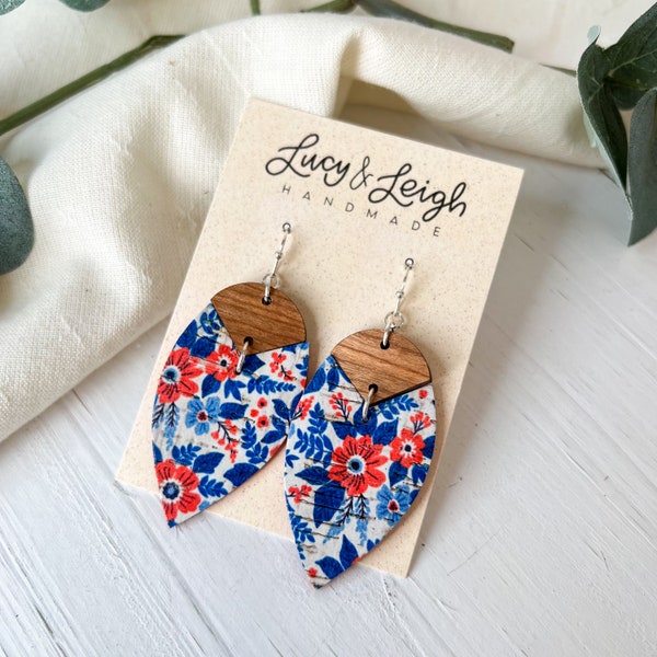 4th of july earrings leather, 5th anniversary gift for wife, boho chic earrings, red white and blue floral earring, Bradi - Liberty Blooms