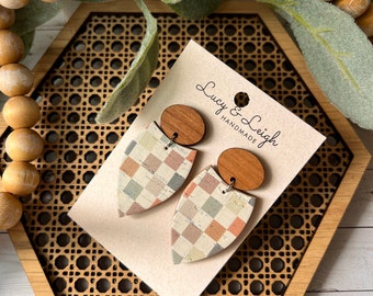 Handmade leather earring, leather and wood dangle, leather earring stud, neutral earring, leather earring dangle, Missi - Boho Checkerboard