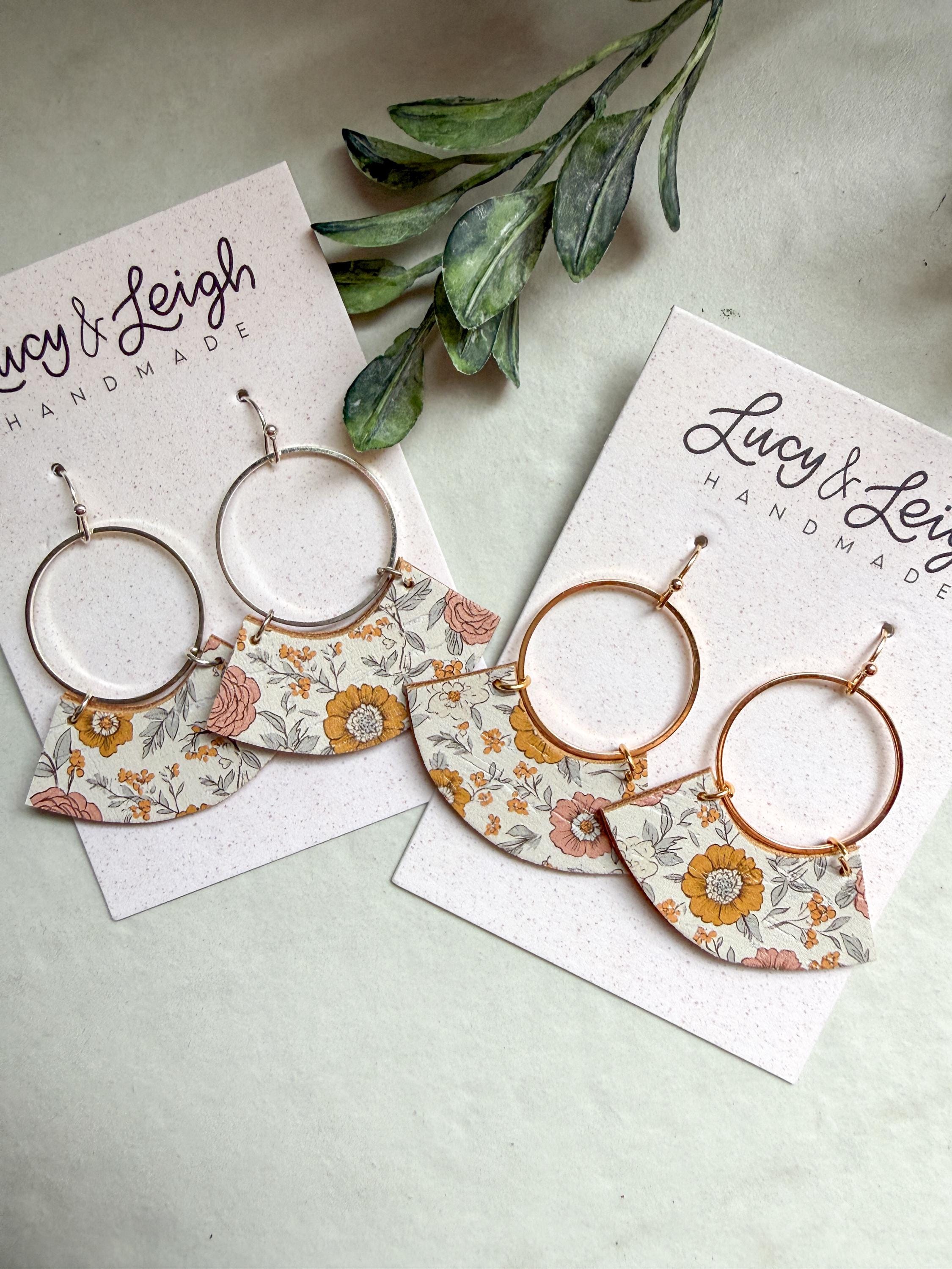 Autumn Rose Floral Leather Earrings, Handmade Statement Earrings, Fall Floral Jewelry, Gift for Her, Floral Hoop Earring, Lucy - Autumn Rose