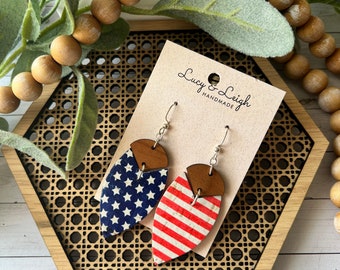 4th of July earrings, handmade leather earrings, leather and wood dangles, boho earrings dangles, Petal Bradi - Stars & Stripes