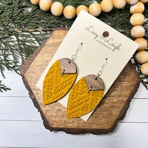 Handmade leather earrings, leather and wood dangles, boho earrings dangles, minimalist boho style earrings, Petal Bradi - Mustard Knit