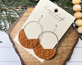 Leather earrings handmade, arch earring, leather earrings dangle, minimalist earring, statement earring, Leigh - Camel Knit