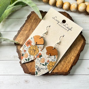 Handmade leather earrings, leather and wood dangles, boho earrings dangles, minimalist boho style earrings, Petal Bradi - Boho Blooms