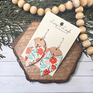 Handmade leather earrings, leather and wood dangles, boho earrings dangles, minimalist boho style earrings, Petal Bradi - Candy Apple Poppy