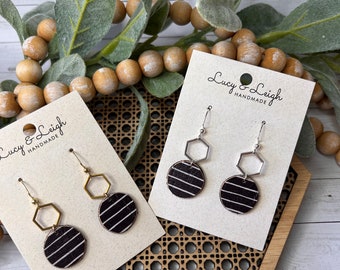 Handmade leather earrings, dangle and drop leather earrings for women, lightweight brass earrings, boho earrings, Norma - Black Stripe