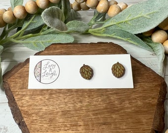 Beer earrings stud, beer hops earring, painted earrings, painted stud earring, wooden stud earring, gift for beer lover, Hops Studs