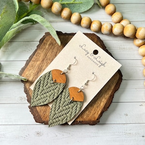 Handmade leather earrings, leather and wood dangles, boho earrings dangles, minimalist boho style earrings, Petal Bradi - Olive Knit MTO