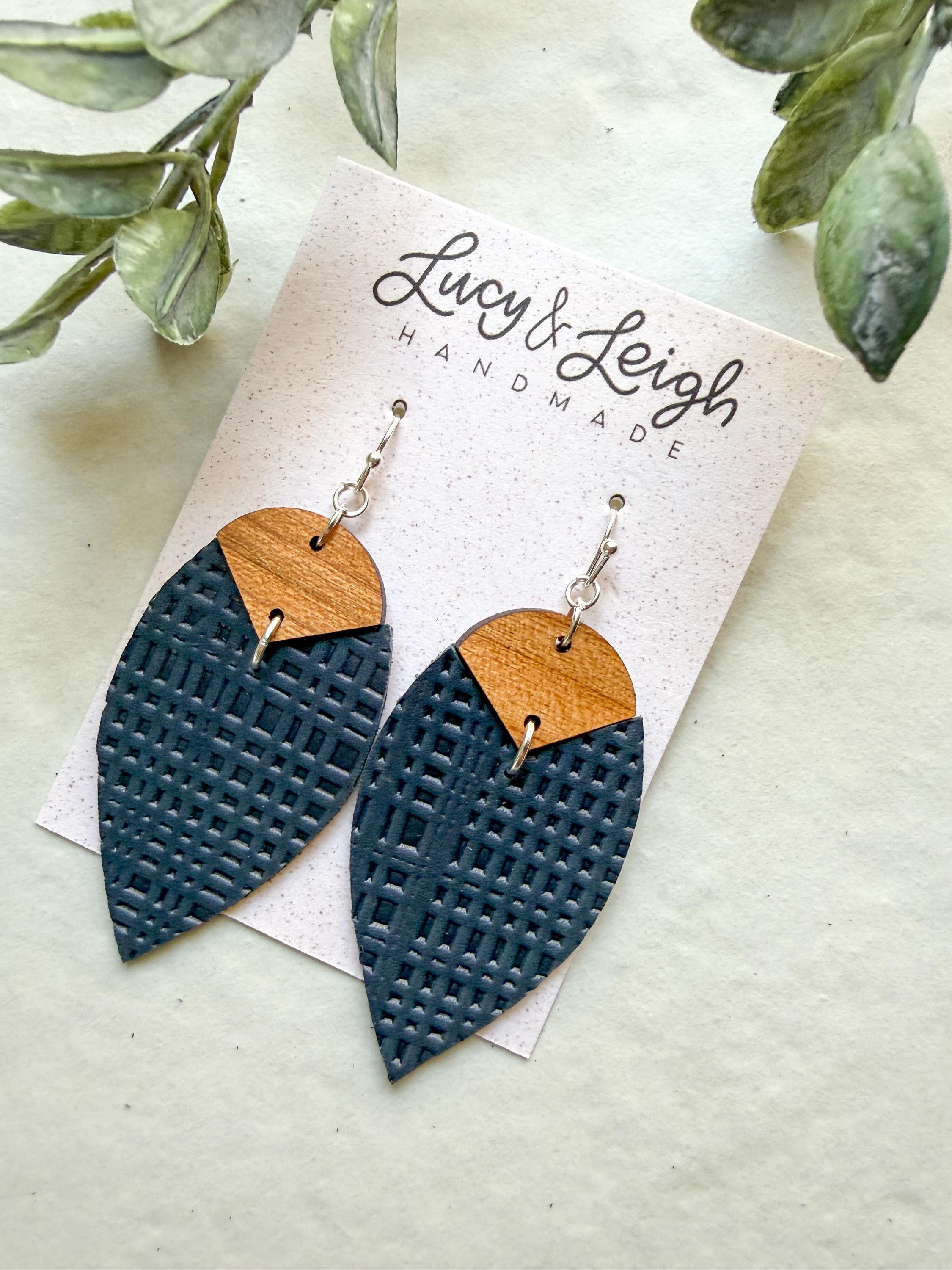 Navy blue leather earrings, textured leather dangle earrings,…
