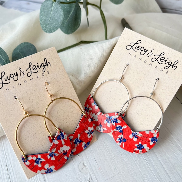 4th of july earrings leather, 5th anniversary gift for wife, boho chic earrings, red white and blue floral earring, Leigh - Americana Blooms