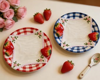 Strawberry Ceramic Plate | Vintage Checkered Dessert Plate | Cute Cottagecore Dish | Handmade Fruit Plate | Aesthetic Kitchen Gift