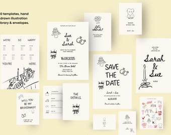Minimalist Stationery Suite for Modern Queer Couples | Lesbian Wedding Invitation Bundle | Hand-Drawn Save the Date and More
