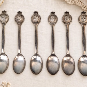 Könnte beinhalten: Ein Set aus sechs silberfarbenen Metalllöffeln, die in einer Reihe angeordnet sind. Jeder Löffel hat ein rundes Griffende mit einem erhabenen Reliefprofil eines gekrönten Monarchen. Die Löffel haben eine polierte Oberfläche mit sichtbarer Patina.