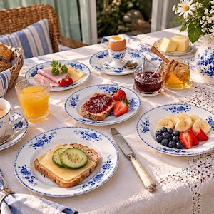 Op de afbeelding: Een ontbijttafel met wit keramieken servies, borden, kopjes en een kan met blauwe bloemmotieven. Het ontbijt bevat brood in een rieten mand, plakjes kaas, komkommer, fruit, jam, honing en een zachtgekookt ei in een eierdopje.
