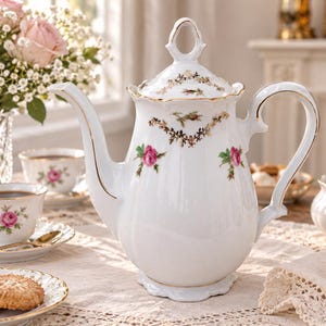 Op de afbeelding: Een witte porseleinen theepot met een delicaat bloemmotief van roze rozen en groene bladeren, geaccentueerd met gouden randen langs de randen, het handvat en het deksel. De theepot heeft een geschulpte voet en een decoratieve knop op het deksel.