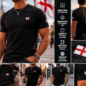 Könnte beinhalten: Ein schwarzes Kurzarm-T-Shirt mit einer kleinen gestickten England-Flagge auf der linken Brust und am linken Ärmel. Das Shirt hat einen Rundhalsausschnitt und eine schlichte Rückseite. Ein Etikett ist am Kragenbereich befestigt.