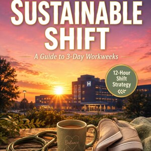 以下が含まれることがあります： 「The Sustainable Shift: A Guide to 3-Day Workweeks」の表紙が夕焼けを背景に表示されています。「Balance」の文字が入ったコーヒーカップと聴診器が木製の表面に置かれています。靴と病院の建物も表示されています。