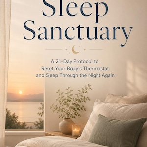May include: Image of a bedroom scene with the text "The Sleep Sanctuary." The image shows a bed with pillows, a blanket, and a view of a sunset over water. A vase with greenery and a lit candle are on a nightstand.