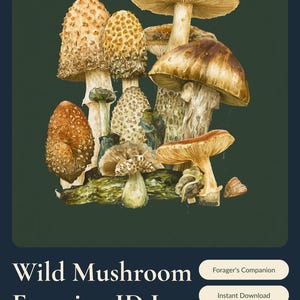 May include: A digital journal cover titled Wild Mushroom Foraging ID Log featuring a detailed illustration of various mushrooms in shades of brown, tan, and green. The text includes Forager's Companion, Instant Download, Premium Journal, and Nature-Inspired Design.