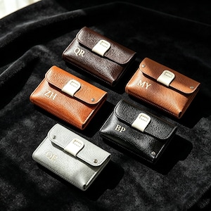 Custom Letter Flip Snap Leather Card Holder, Personalized Initial Coin Purse, Minimalist Snap Button Leather Pouch