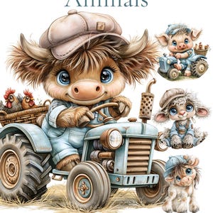 May include: Digital illustration set featuring a fluffy Highland cow wearing a cap and overalls driving a blue tractor, with chickens in a basket, a piglet on a tractor, and two lambs. Text reads Tractor & Farmer Animals, Commercial Use included|Print on demand Ready, 50 High Resolution PNG File | 300DPI.